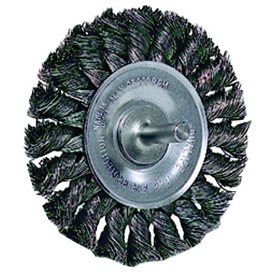 Weiler 17687 Standard Twist Knot Wire Wheel, 4 in dia x 1/2 in W Face, 0.014 in Steel Wire, 20000 RPM, 1/4 in Stem