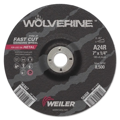 Weiler 56467 Wolverine Grinding Wheel, 7 in dia x 7/8 in Arbor x 1/4 in Thick, AO, 24R