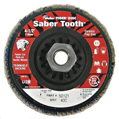 Weiler 50121 Saber Tooth Trimmable Ceramic Flap Discs, 4 1/2", 40 Grit, 5/8 Arbor, 13,000 rpm