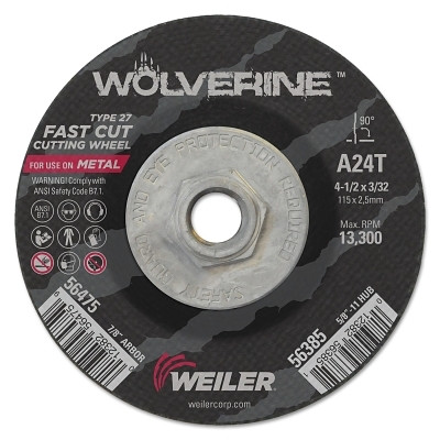 Weiler 56385 Wolverine Cutting Wheel, A24T, 4-1/2 in dia, 3/32 in Thick, 5/8 in in-11 UNC AH, 24 Grit, Type 27