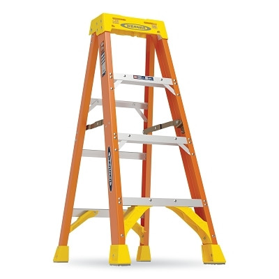 Werner 6204 Fiberglass Stepladder, 6204, Type IA, 4 ft L, 19.92 in W, Single-Sided, 300 lb Load Capacity, Orange/Yellow