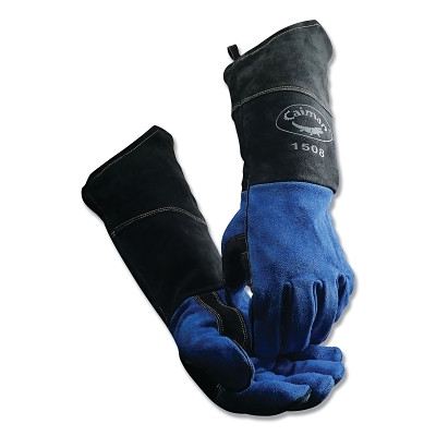 Caiman 1508 1508 18 in Cow Split Fleece Lined MIG/Stick Welding Gloves, One Size, Black/Blue, 18 in Scalloped Cuff