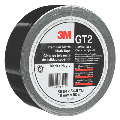 3M 7010336132 GT2 Matte Cloth Gaffers Tape, 1.88 in x 54.68 yd, 11 mil, Black