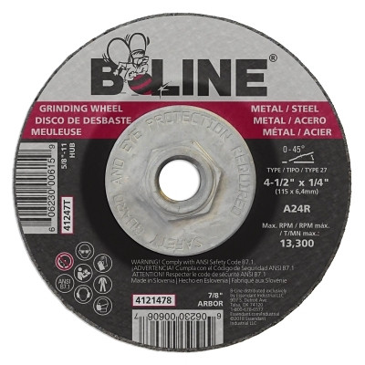 B-Line Abrasives 41247T Depressed Center Grinding Wheel, 4-1/2 in dia, 5/8 in-11 Arbor, 1/4 in Thick, 24 Grit, Aluminum Oxide
