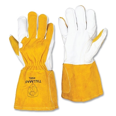 Tillman 49L MIG Welding Gloves, 49, Top Gr Goatskin Palm/Split CH BOH/Cuff, Lg, Bourbon Brn/Pearl, 5 in Shirred Cuff