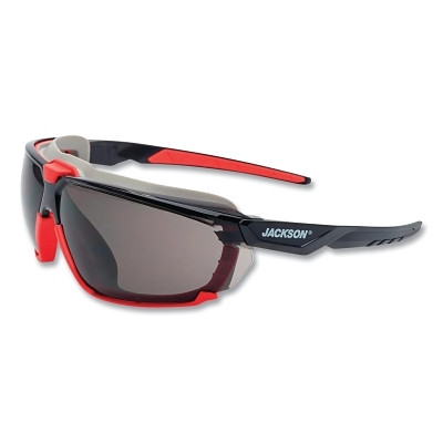 Jackson Safety 45202 Hyperguard Safety Glasses, Smoke, Polycarbonate, Anti-Fog, Black Gasketed Frame, Red Temple