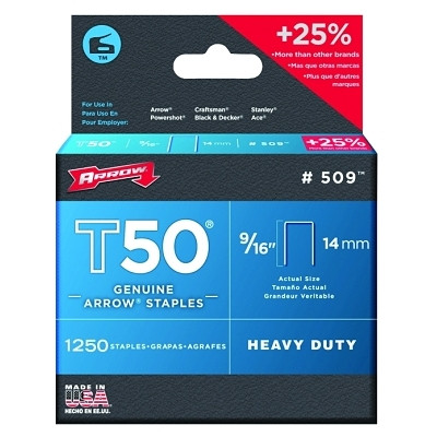 Arrow Fastener 509 T50 Type Staple, #509 9/16 in L x 3/8 in W, 1,250/PK