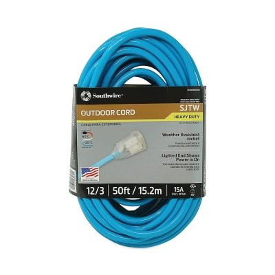 Southwire 02578000X Extension Cord with Power Light Indicator, SJTW, 50 ft, 1 Outlet, Cool Green