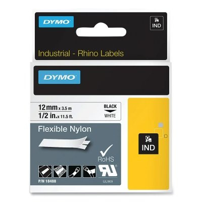 DYMO 18488 Industrial Rhino Flexible Nylon Label Cartridge, 1/2 in W x 11.5 ft L, Black Print on White Background