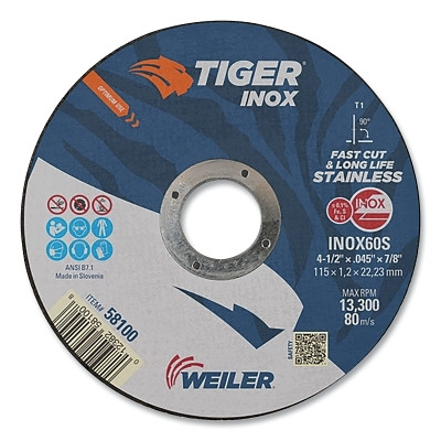 Weiler 58100 Tiger Inox Thin Cutting Wheel, 4-1/2 in Diameter, .045 in Thick, 7/8 in Arbor