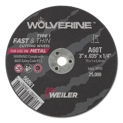Weiler 56061 Wolverine Cut-Off Wheel, Type 1, AO, 3 in dia x 1/4 in AH x 0.035 in Thick, 60T, 1 EA/EA