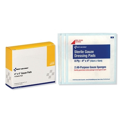 First Aid Only 3300 Sterile Gauze Pad, 4 in x 4 in, Gauze, 10/Box