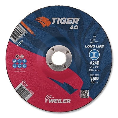 Weiler 57135 Tiger AO Grinding Wheel, 7 in dia x 1/4 in Thick, 7/8 in Arbor, A24R, Type 28