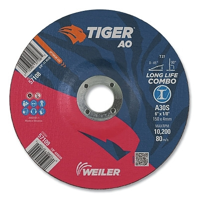 Weiler 57109 Tiger AO Type 27 Cut/Grind Combo Wheel, 6 in dia x 1/8 in Thick, 7/8 in dia Arbor, A30S