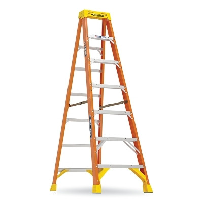Werner 6207 Fiberglass Stepladder, 6207, Type IA, 7 ft L, 25.12 in W, Single-Sided, 300 lb Load Capacity, Orange/Yellow