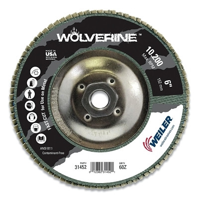 Weiler 31452 Wolverine Abrasive Flap Disc, 6 in dia x 5/8 in-11 Arbor, 60 Grit, 10200 RPM