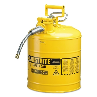 Justrite 7250220 Type II AccuFlow Safety Can, Diesel, 5 gal, Yellow, Includes 5/8 in OD Flexible Metal Hose