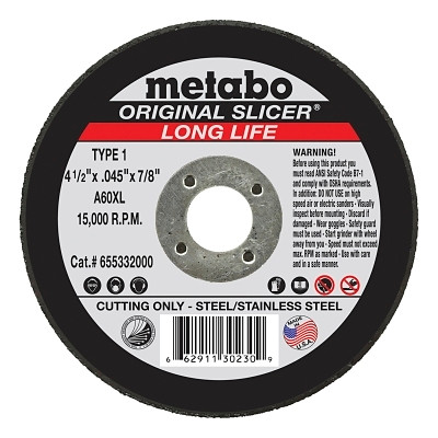Metabo 655332000 Original Slicer Cutting Wheel, 4-1/2 in dia, 0.045 in Thick, 7/8 in Arbor, 36 Grit, AO