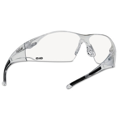 Bolle Safety 40113 Rush Series Safety Glasses, HD Lens, Anti-Scratch, Hydrophobic, Clear Frame, TPR