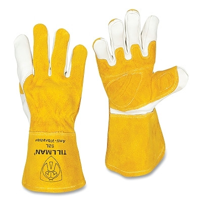 Tillman 52M MIG Welding Gloves, 52, Goatskin/Split CH Palm/Split CH BOH/Cuff, Med, Bourbon Brn/Pearl, 4 in Shirred Cuff