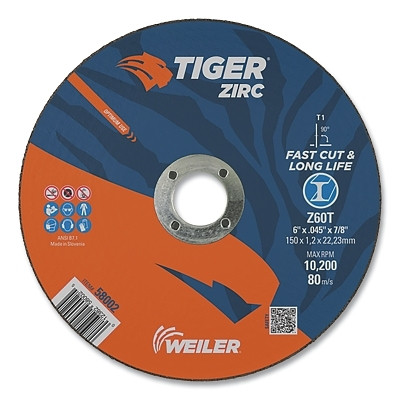 Weiler 58002 Tiger Zirc Cutting Wheel, 6 in dia, 0.045 in Thick, 7/8 in Arbor, Zirconia Alumina, Type 1, Z60T