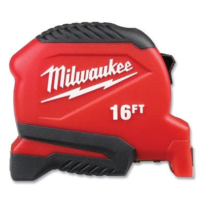 Milwaukee Tool 48-22-1716 Compact Tape Measure, 16 ft, SAE, Single-Sided, Steel, Red/Black