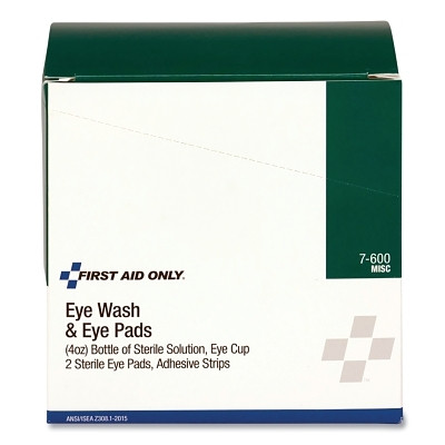 First Aid Only 7600 Eye Flush Set, 6-Pc, 4 oz Eye Wash, Sterile Eye Cup, 2 Eye Pads and Strips