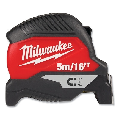 Milwaukee Tool 48-22-1017M Magnetic Tape Measure, 5 m/16 ft, Metric/SAE, Double-Sided Printing, Steel Blade, Red/Black