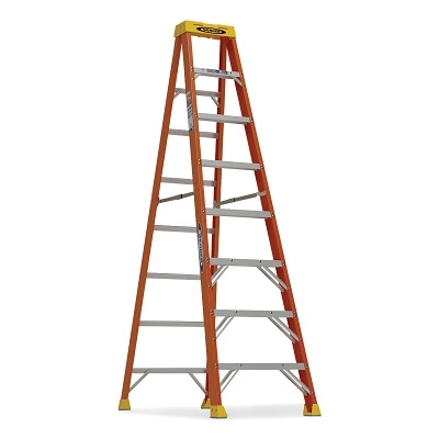 Werner 6108 Fiberglass Stepladder, 6108, Type IA, 8 ft L, 25 in W, Single-Sided, 300 lb Load Capacity, Orange/Yellow