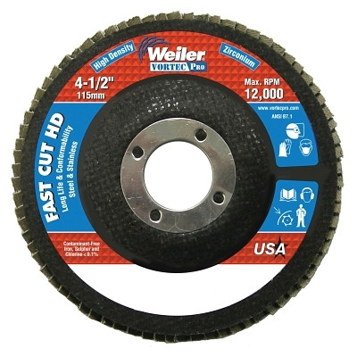 Weiler 31389 Wolverine Abrasive Flap Disc, High Density, 4-1/2 in dia x 7/8 in Arbor, 80 Grit, Flat