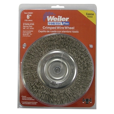 Weiler 36001 Crimped Wire Wheel, 6" D, .014 Stainless Steel, 6,000 RPM, Retail Pk