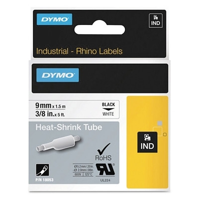 DYMO 18053 Heat-Shrink Tube, 3/8 in W x 5 ft L, Black on White