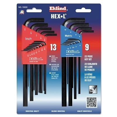Eklind Tool 10222 Hex-L Key Set, 22 per card, Hex Tip, Inch/Metric, Long Arm