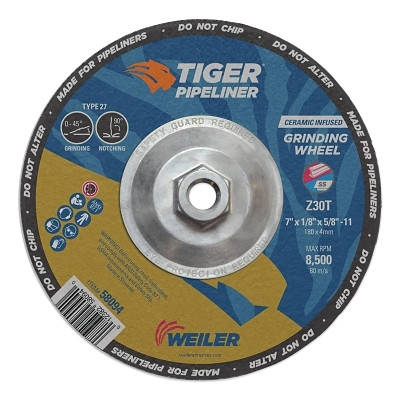 Weiler 58094 Tiger Pipeliner Grinding Wheel, 7 in dia X 1/8 in Thick x 5/8 in-11 Hub, Z30T, Type 27