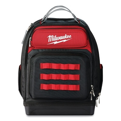 Milwaukee Tool 48228201 Jobsite Backpack, Ultimate, 1680D Ballistic Material, 48 Pockets, Black/Red, Includes Sternum Strap/Tape Measure Clip