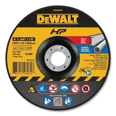 DeWalt DWA8426F High Performance Cutting Wheel, Type 27, 6 in dia x 0.040 in Thick x 7/8 in Arbor, 60 Grit, Aluminum Oxide