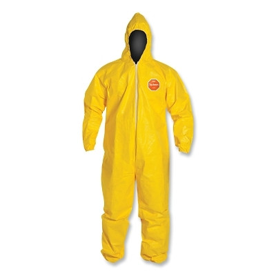 DuPont Tychem QC127S-4X Tychem 2000 Coverall, Serged Seams, Attached Hood, Elastic Wrists and Ankles, Zipper Front, Storm Flap, Yellow, 4X-Large