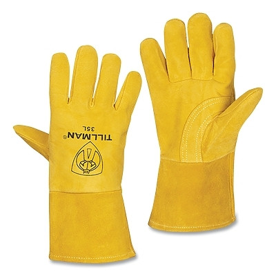 Tillman 35S MIG Welding Gloves, 35, Premium Reverse Deerskin Palm/BOH/Split CH Cuff, Sm, Bourbon Brn, 4 in Str Cuff, 6 PR/PK