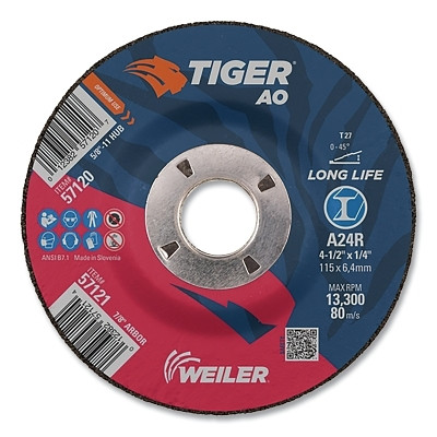 Weiler 57121 Tiger AO Grinding Wheel, 4-1/2 in dia x 1/4 in Thick, 7/8 in Arbor, A24R, Type 27