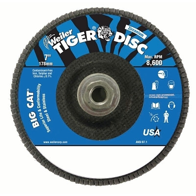 Weiler 50845 Tiger Big Cat High Density Flap Disc, 7 in dia, 80 Grit, 5/8 in-11 Arbor, 8600 RPM, Type 27