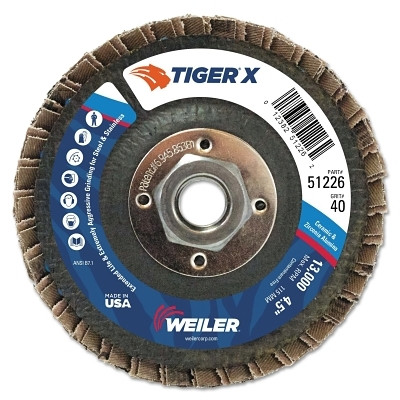 Weiler 51226 Tiger X Flap Disc, 4-1/2 in dia, 40 Grit, 5/8 in - 11, 13000 rpm, Type 27