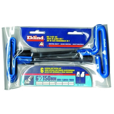 Eklind Tool 55166 Cushion Grip Hex T-Key Sets, 6 per pouch, Hex Tip, Metric, 6 in Handle