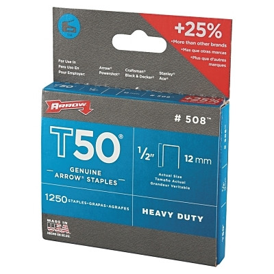Arrow Fastener 50824 T50 Type Staple, #508, 1/2 in L x 3/8 in W, 1,250/PK