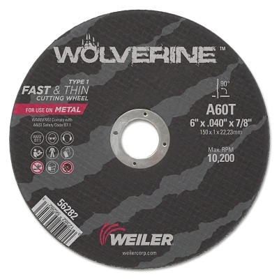 Weiler 56282 Wolverine Cut-Off Wheel, Type 1, AO, 6 in dia x 7/8 in Arbor x 0.040 in Thick, 60T, 1 EA/EA