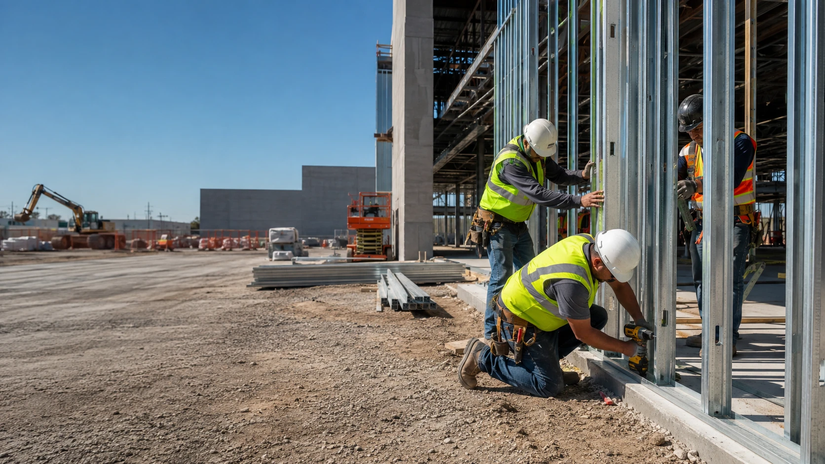 Commercial contractors working at an active construction jobsite