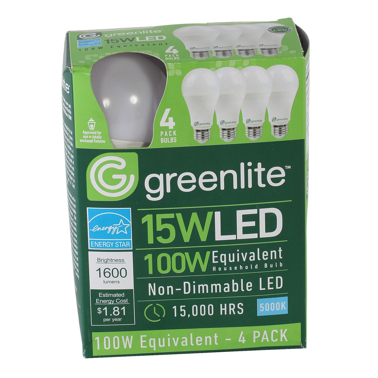 4 Pack 15W Greenlite LED 100 Watt Equivalent A Type Light Bulbs Non-Dimmable 
