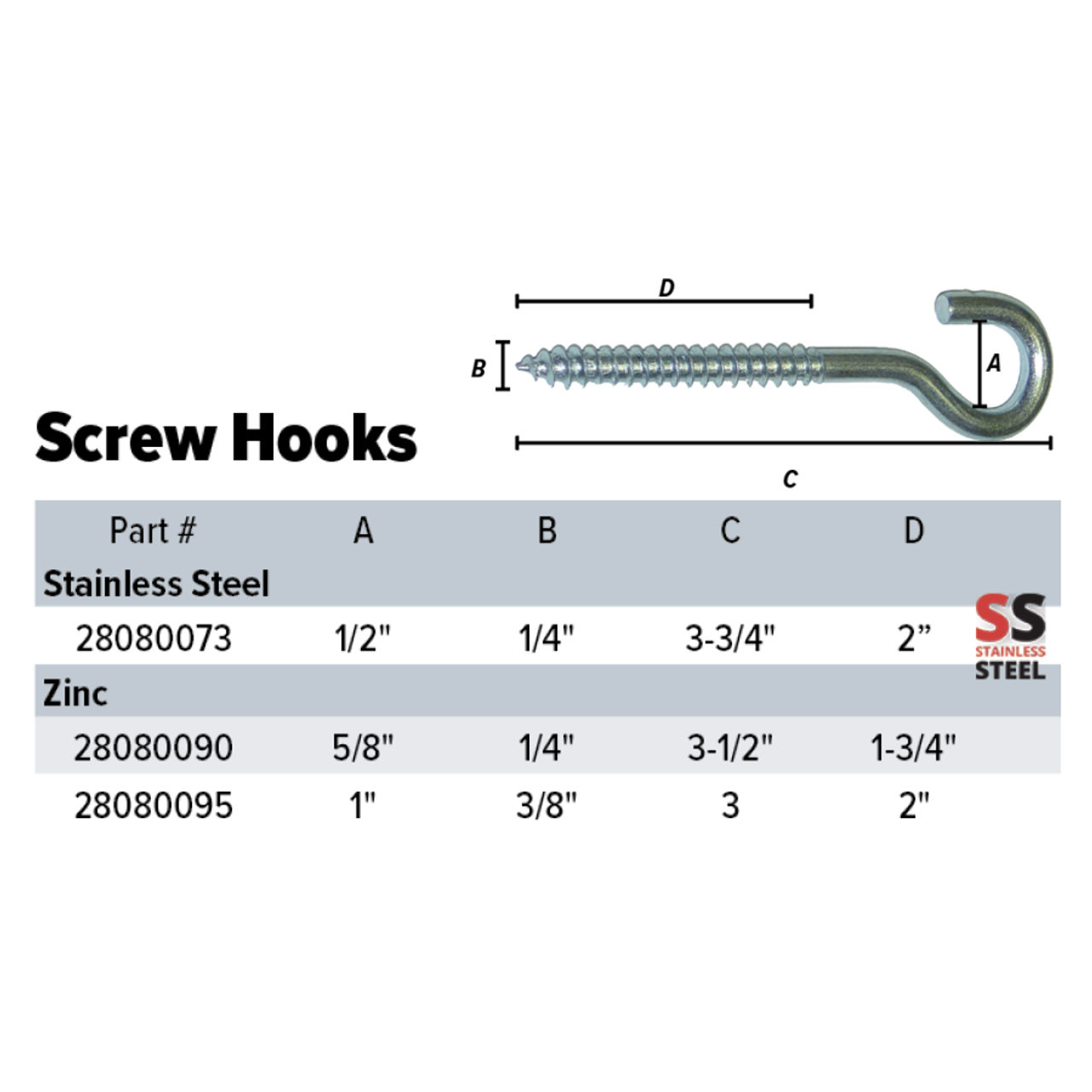 Zinc Screw Hook 1/4 Inch x 3 1/2 Inch