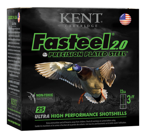 Kent Fasteel 2.0 Precision Plated Steel 12GA 3", 1 1/4oz. 1500fps, #4, 25RD Per Box  656308111643