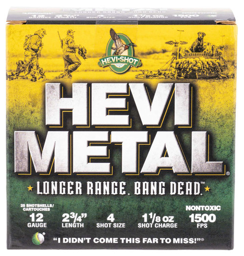 Hevi Metal 38704 Long Range Steel 12GA, 2 3/4", #4, 1 1/8oz, 1500FPS, 25RD Per Box  816383002988