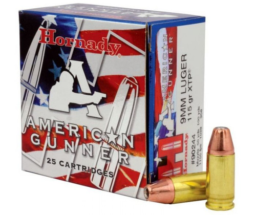 Hornady 90224 American Gunner 9mm Luger+P, 124GR, XTP, 25RD Per Box, 090255902242